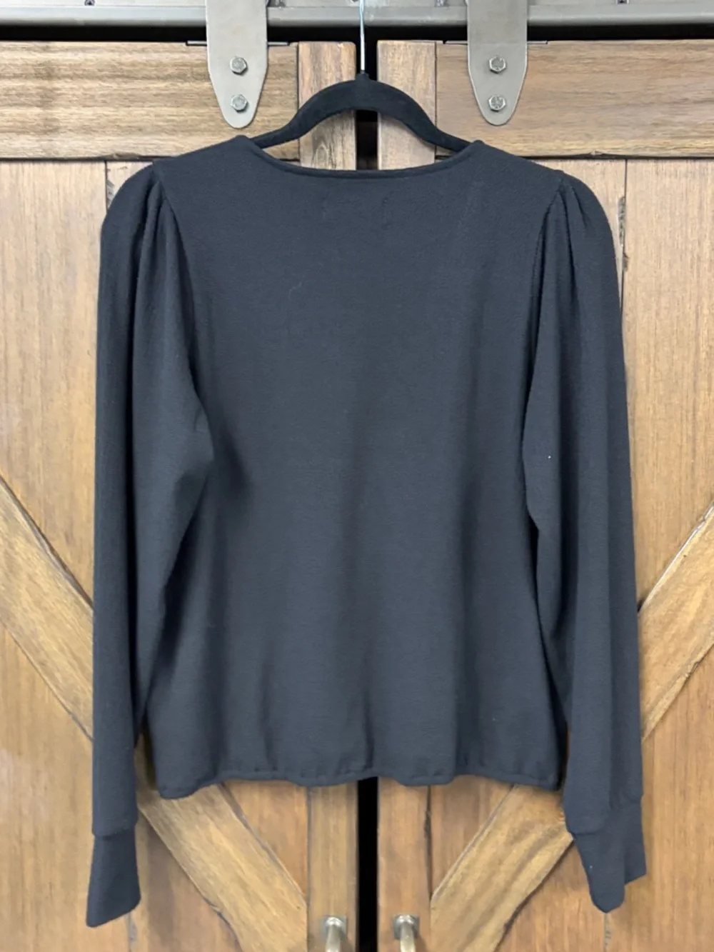 Madewell Texture & Thread Classic Puff-Sleeve Faux-Wrap Top Black Size Medium